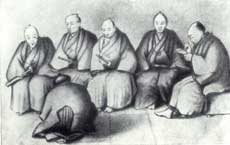Японские уполномоченные во время переговоров с адмиралом Путятиным в Симодо. Декабрь 1854 года. Рисунок из альбома А.Можайского