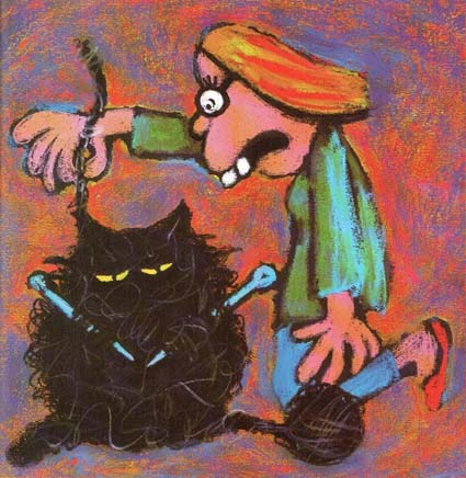 Ил. Х.Сансоля к книге Э.Вольф «Надо бы научить кота вязать»