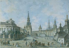 Ф.Я.Алексеев. Спасские ворота (Вид в Кремле у Спасских ворот на Архиерейский дом и церковь Николы Гостунского). 1800-е гг.
