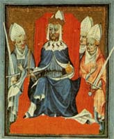 Король Карл IV в окружении епископов. Миниатюра из «Золотой буллы» 1356 года, утверждавшей независимость чешского королевства и право участия в выборах императора